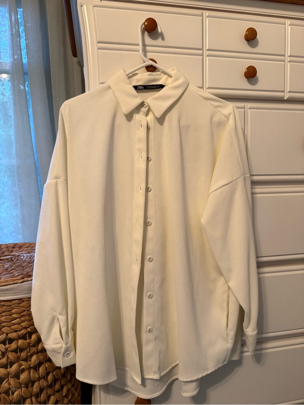 ZARA Ivory Ribbed Button-Up Polo Blouse